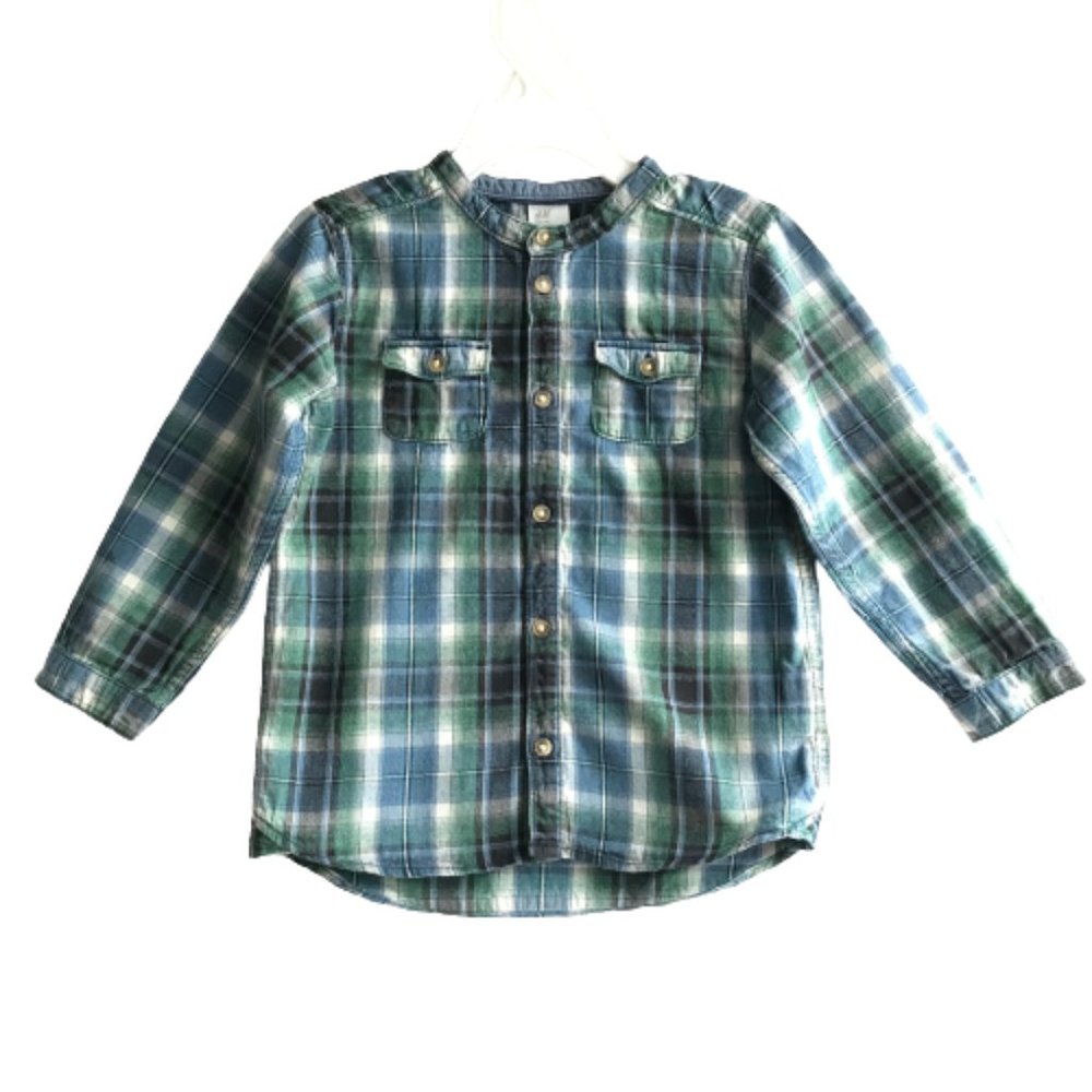 H&M Plaid Band Collar Henley Button Cotton Shirt